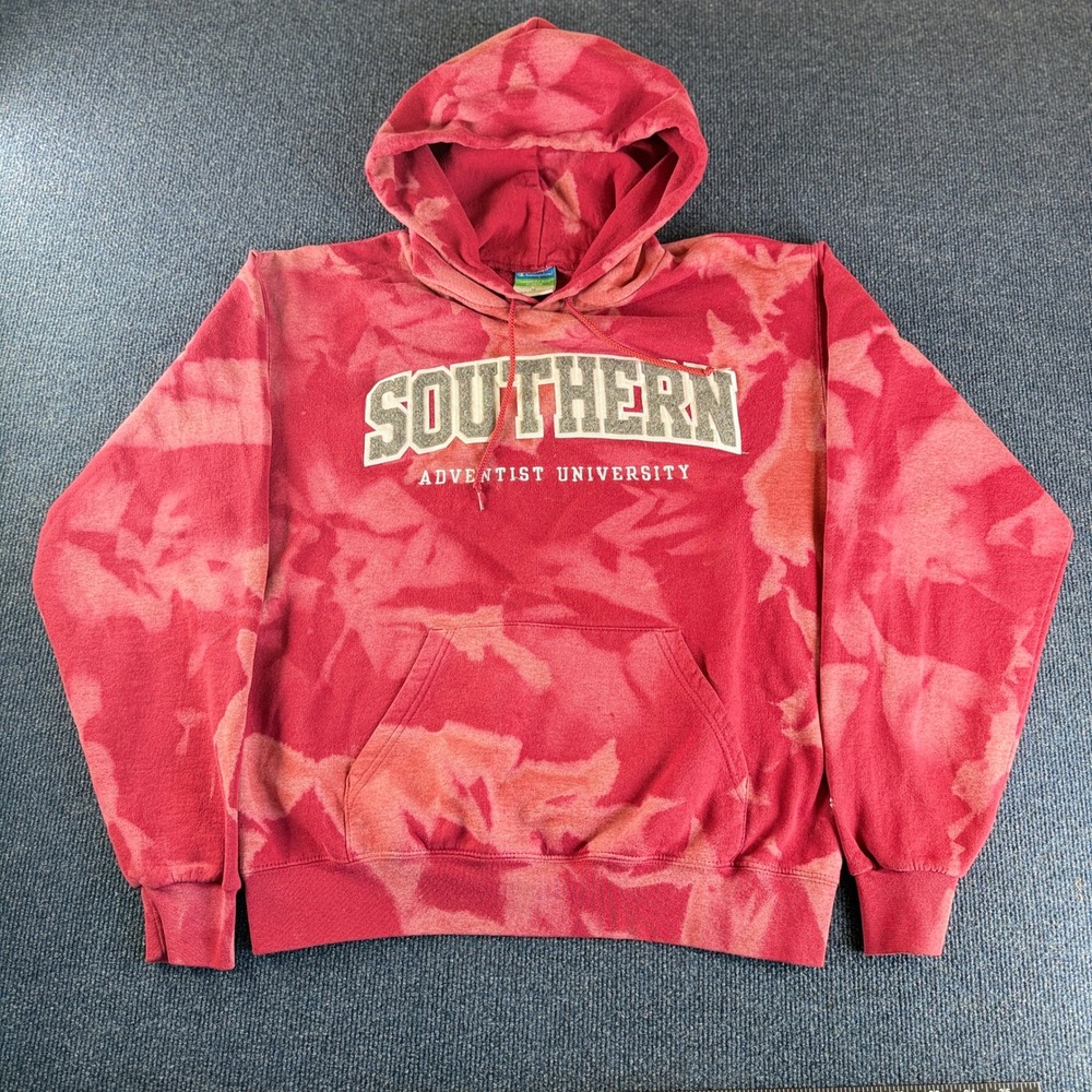 Champion Southern Adventist University Red Bleach Tie Dye Hoodie‎ Mens M Fleece